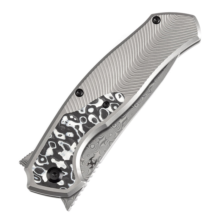 KANSEPT HAVØRN Flipper Titanium with Black and White Carbon Fiber Inlay Handle (3.48''Damascus Blade )Djinn Design -K1069A1