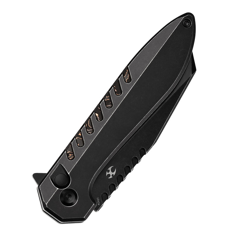 KANSEPT Kosame Button Lock Blackwash Titanium with Copper Carbon Fiber Inlay (3.37" 154CM Blade) with EI Spade Design-T1093F3