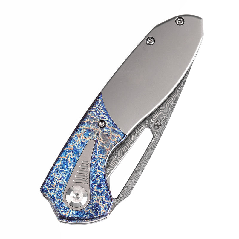 KANSEPT Thoth Thumb Hole Knife Bead Blasted Titanium and Lightning Strike Finished Titanium InlayHandle (3.43''Damascus Blade ) Sparrow Knife Co Design -K1075T5