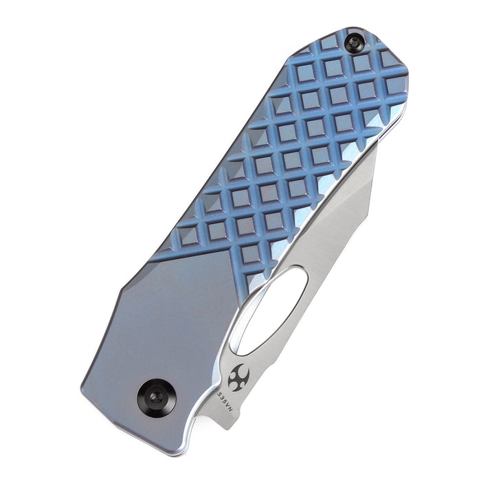 KANSEPT Loki Thumb Hole Knife Blue Anodized Titanium with Frag Pattern Handle (2.99''CPM S35VN Blade)Steven Dunnuck Design-K1058B6