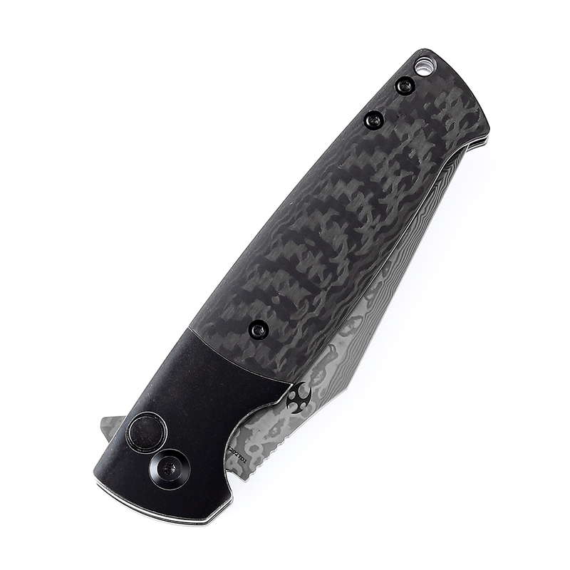 Shikari SBL  Button Lock K2027D1 Damascus Blade Black Stonewashed Titanium +Twill Carbon Fiber Handle with Morgan Koens Dessign