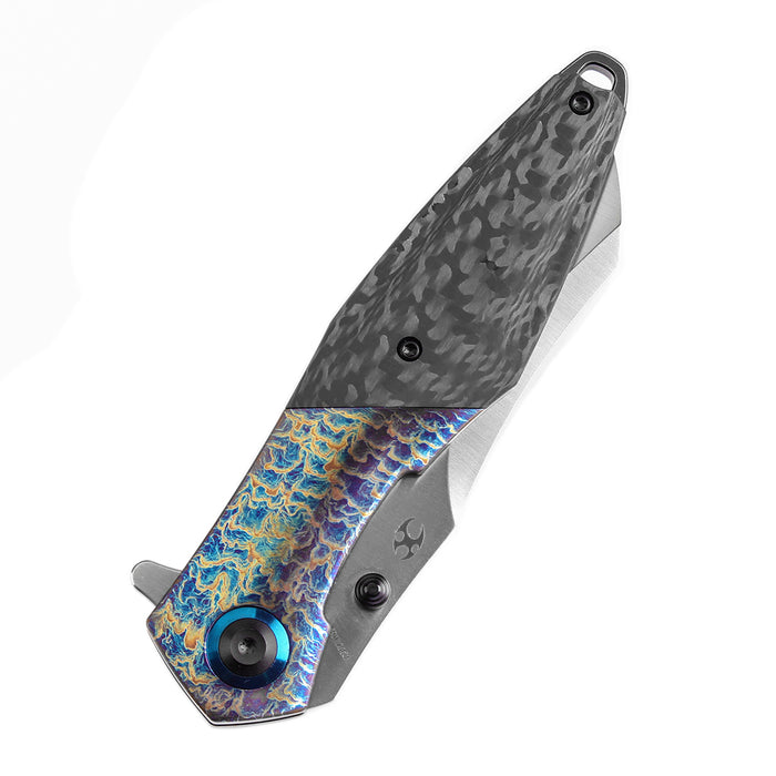 KANSEPT Thumb Stub Mistaken Lightning Strike Finish Titanium and Twill Carbon Fiber with Timascus Clip (3.15" CPM 20CV) Jonathan Styles Design- K1053A4