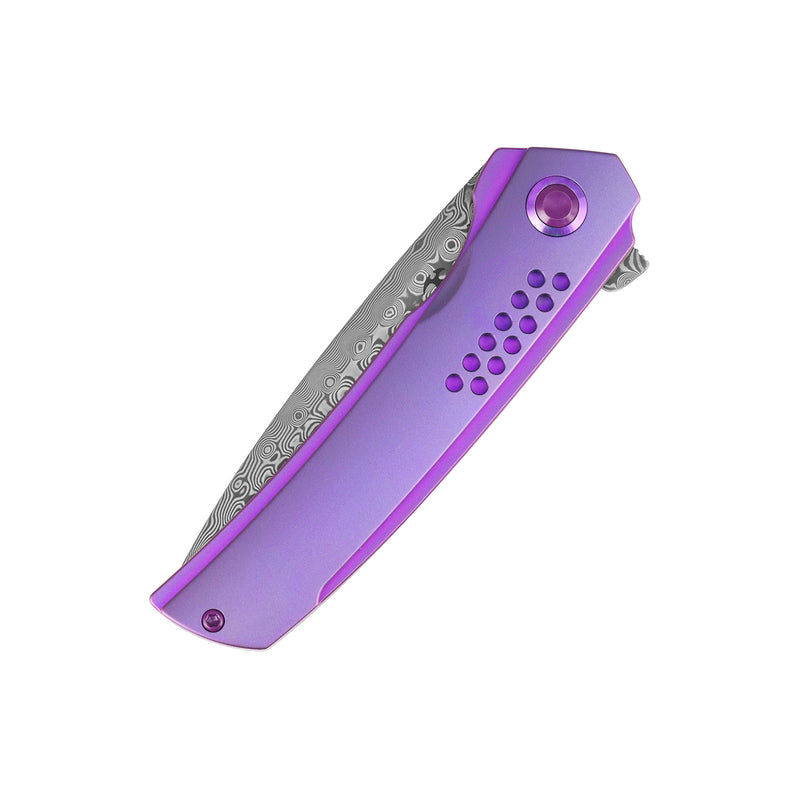 Tracer | Frame Lock | Purple Anodized Titanium | 3.46" Rose Pattern Damascus | Tuff Knives | K1115A3