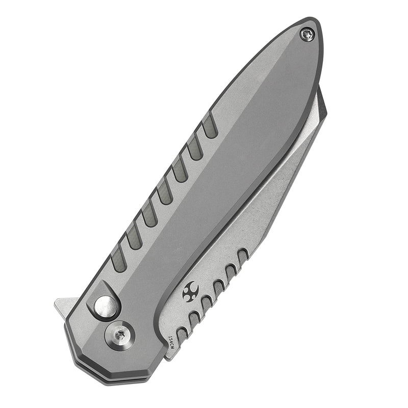 KANSEPT Kosame Button Lock Stonewashed Titanium with Jade G10 Inlay (3.37" 154CM Blade) with EI Spade Design-T1093F6