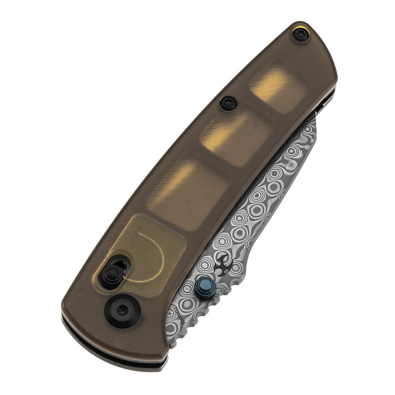 KANSEPT Main Street Thumb Studs/Crossbar Lock Knife Amber PEI/Ultem Handle (3.36''Damascus Blade) Dirk Pinkerton Design-T1015V12