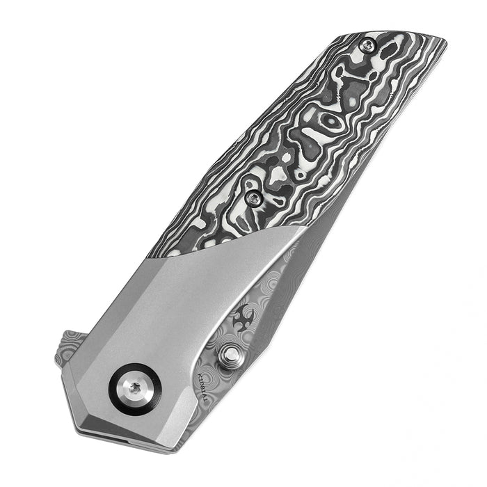 KANSEPT Deadite Thumb Stub Beadblasted Titanium + Black & White Carbon Fiber Handle(3.52'' Damascus Blade) TuffKnives Designed-K1081A1