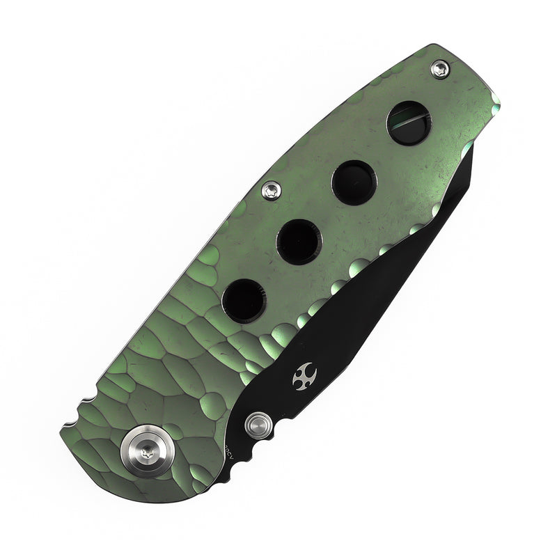 Kansept Caveman | Frame Lock | Green Anodized and Stonewashed Titanium with CNC-machined Rock Pattern | 3.57" CPM 20CV Blade |  Jesse Pauley Designed | K1110A3