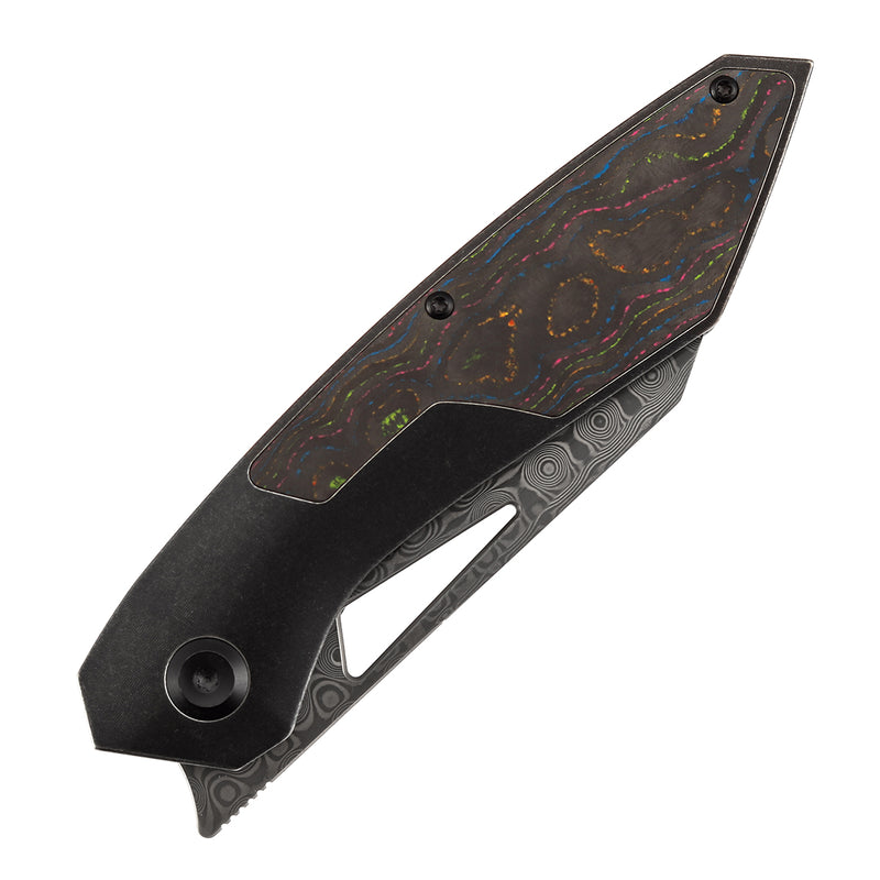 KANSEPT STRIP | Thumb Hole | 80S Camo Carbon Fiber+Blackwash Titanium | 3.4" Damascus Blade | RON STEELE DESIGN | K1113A4