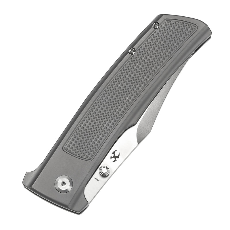 KANSEPT Bison Thumb Stub Plain Titanium with Frag Pattern Handle (4.25" CPM S35VN Blade) with Ray Laconico Knives Design-K1108A1