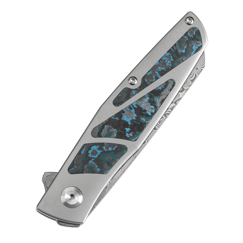 KANSEPT Cru Flipper Knife Plain Titanium & Artic Storm Fatcarbon Handle(3.46''Damascus Blade) Villella Knives Design-K1092A3