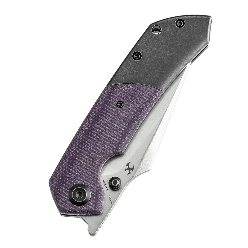 KANSEPT Fenrir Front Flipper/Thumb Stud Knife Blackwash Titanium and Purple Micarta Handle (3.48''CPM-S35VN Blade) Greg Schob Design -K1034Z1