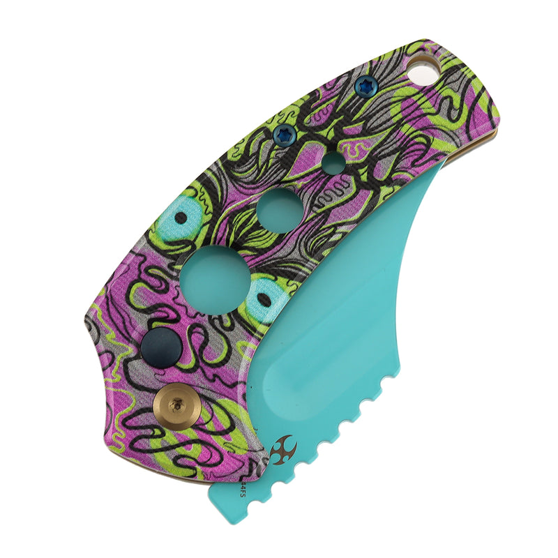 Kansept Wasp | Button Lock | Jade G10 with Purple Undead Print with Holes | 2.36" Light Blue Coating 154CM Blade | Koch Tools Design | T2144F5