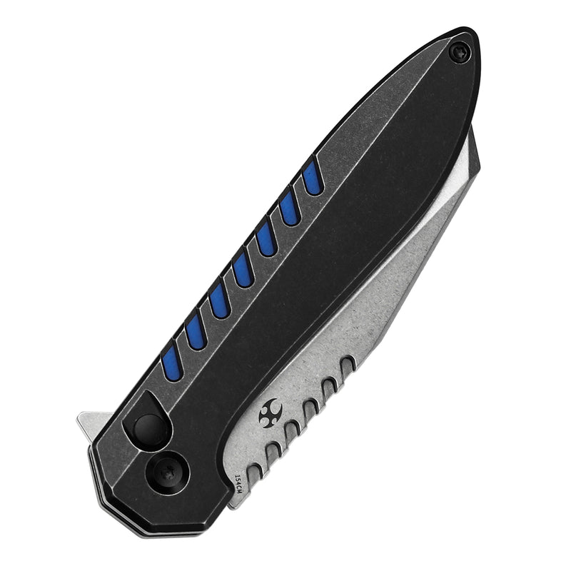 KANSEPT Kosame Button Lock Blackwash Titanium with Blue G10 Inlay (3.37" 154CM Blade) with EI Spade Design-T1093F4