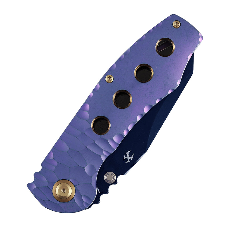 Kansept Caveman | Frame Lock | Purple Anodized and Stonewashed Titanium with CNC-machined Rock Pattern | 3.57" CPM 20CV Blade |  Jesse Pauley Designed | K1110A4