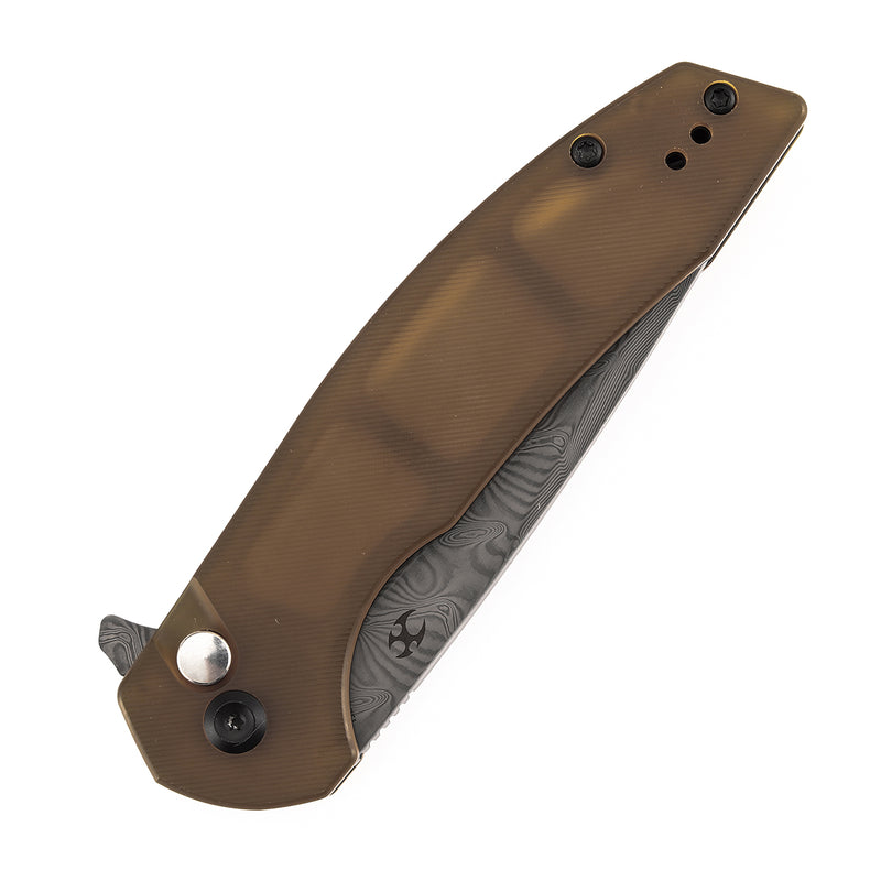 Kansept Accipiter | Button Lock | Amber PEI/Ultem | 3.53"Damascus with Water Ripple Pattern Blade | T1007F1