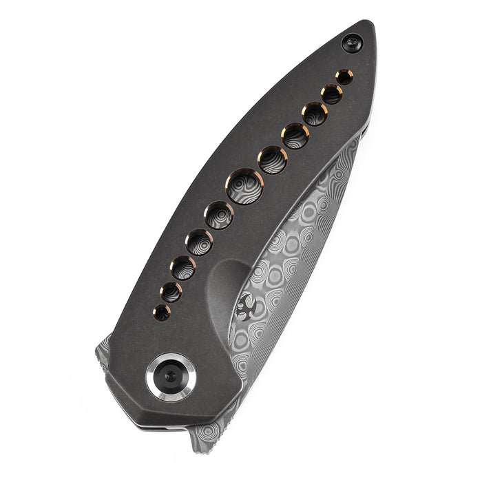 KANSEPT ODD 21 Front Flipper Blackwash Titanium with Bronze Anodized Holes Handle (3.08'' Damascus Blade) Tuffknives Design -K1077A3