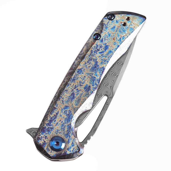 KANSEPT KRYO Thumb Hole Titanium with Lightning Strike Finish Handle (3.58" Damascus Blade) Kim Ning Design-K1001A6