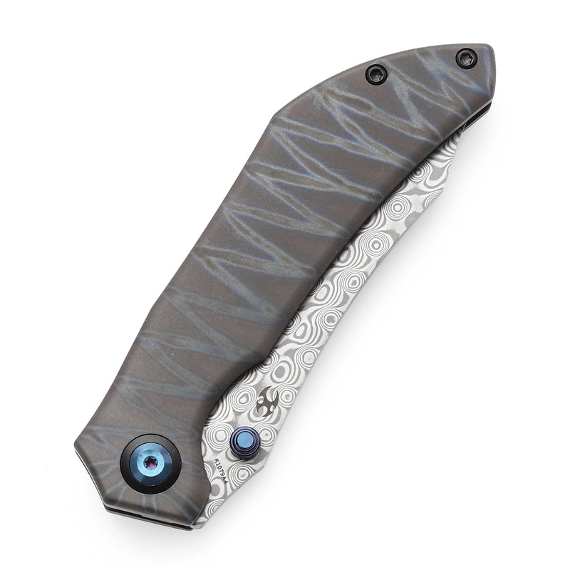 KANSEPT Tipper Thumb Stub Knife Titanium with Tiger Stripe Finish Handle(3.38'' Damascus Blade)Edgy Bladeworks Design-K1079A4