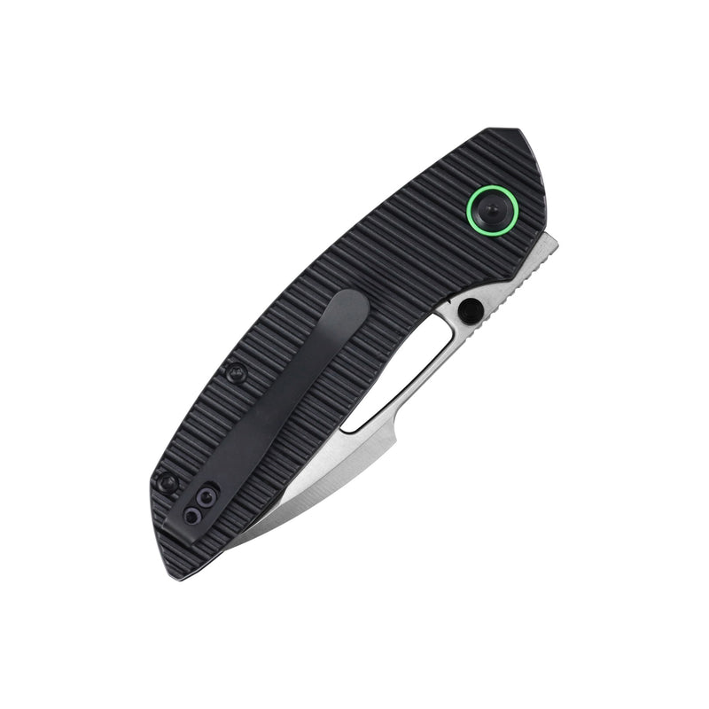 Link | Top Liner Lock | Black Aluminum with Milled Grooves | 2.98" Satin 14C28N | Triple Stripe Knives | T1068H1