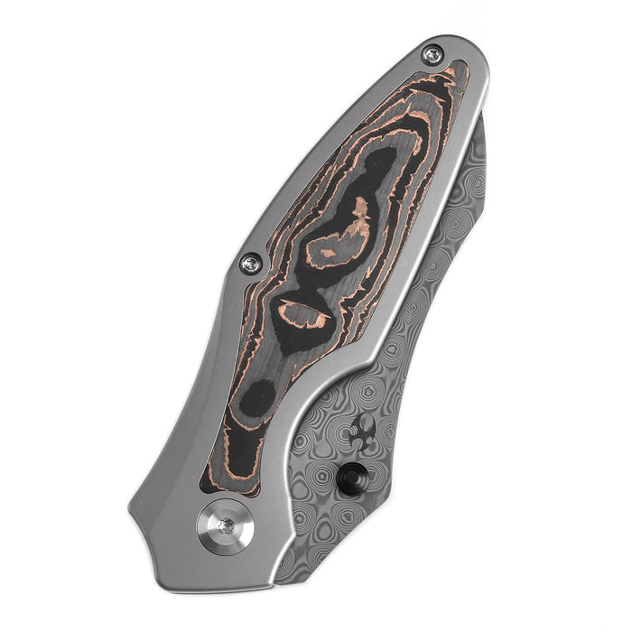 KANSEPT Baba Yaga Thumb Studs Bead Blasted Ti with Copper Carbon Fiber Inlay Handle (3.06''Damascus Blade ) Sparrow Knife Design -K1074C2