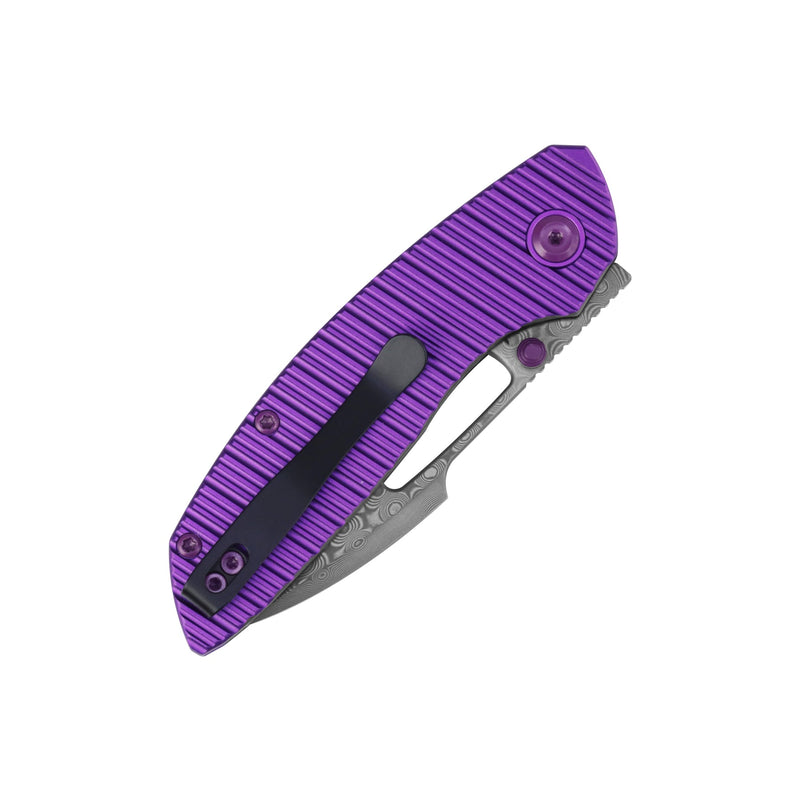 Link | Top Liner Lock | Purple Aluminum with Milled Grooves | 2.98" Damascus | Triple Stripe Knives | T1068H2