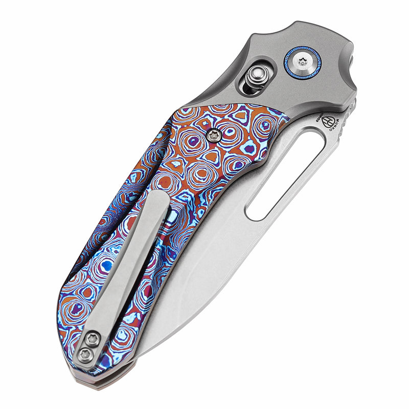 KANSEPT Quasar Cross Bar Lock Stonewashed Titanium and Timascus Handle (3.38" CPM 20CV Blade) with Munko Knives Design-K1099V4