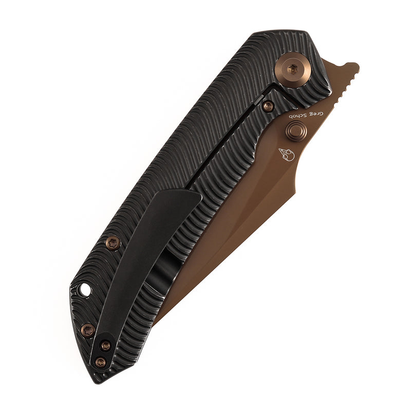 Kansept Fenrir  | Frame Lock | Blackwash Titanium with Micro Milled Water Ripple Texture | 3.48'' Rose Gold CPM S35VN Blade | Sparrow Knife Design | K1034C3