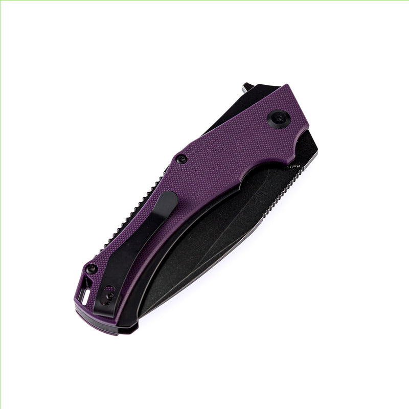Hellx T1008A6 Black TiCn Coated and Stonewashed  D2 Blade Purple G10+ Black Anodized Stainless Steel Handle with  Mikkel Willumsen Design