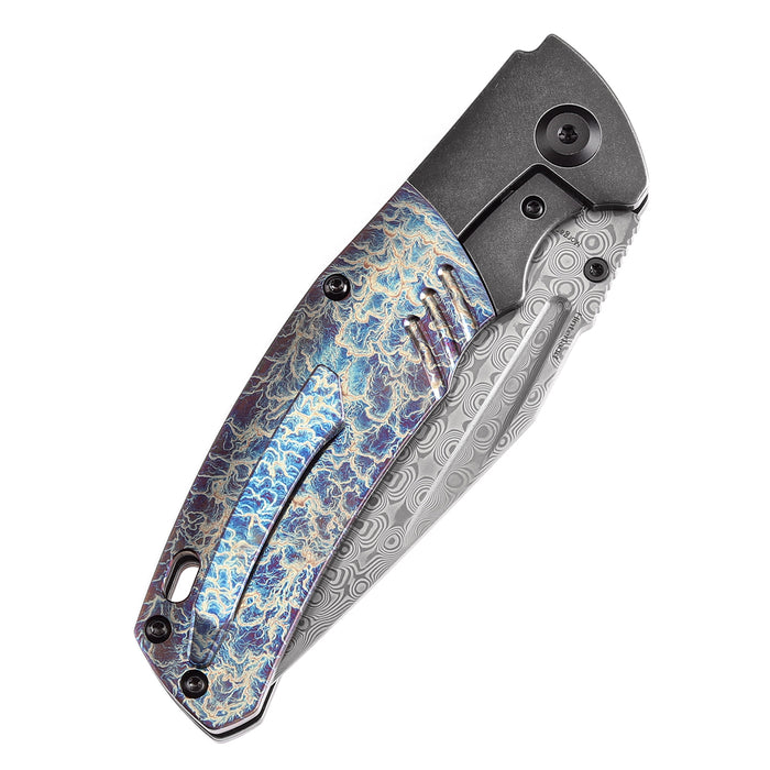 KANSEPT Hinterland Thumb Stub Blackwash Titanium and Lightning Strike Finished Titanium Inlay Handle (3.58" Damascus Blade) Morgan Koens Design-K1057A6