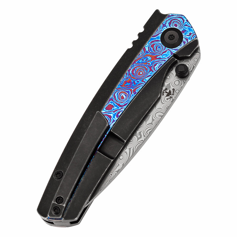 KANSEPT Thumb Stub Raven Blackwash Titanium wtih Timascus Handle (3.13" Damascus Blade) with Black Bird Blades Design-K2109A4