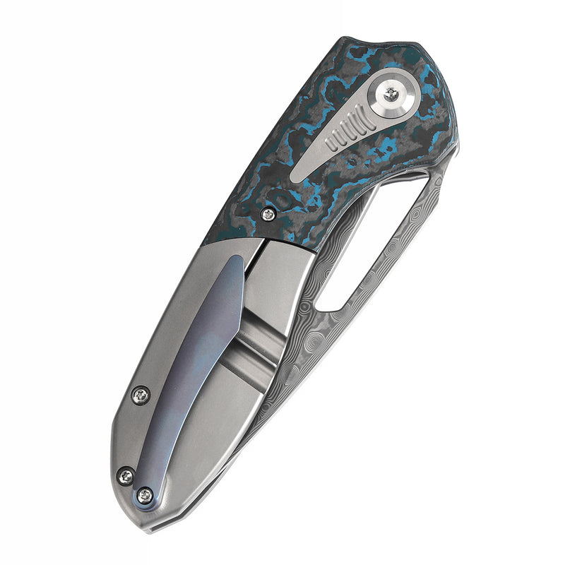 KANSEPT Thoth Thumb Hole Knife Bead Blasted Titanium and Arctic Storm Fat Carbon Handle (3.43''Damascus Blade ) Sparrow Knife Co Design -K1075A2