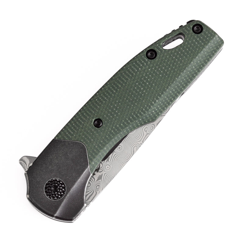 KANSEPT Cassowary Flipper Black Stonewashed Titanium and Green Micarta Titanium Handle (2.9''Damascus Blade ) Koch Tools Design -K2065B6