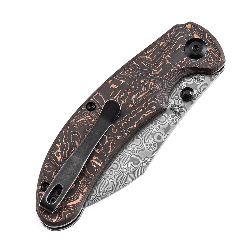 KANSEPT Nesstreet Button Lock Copper Carbon Fiber Handle(3.58" Damascus Blade) with Karambit Maker design-K1039F7