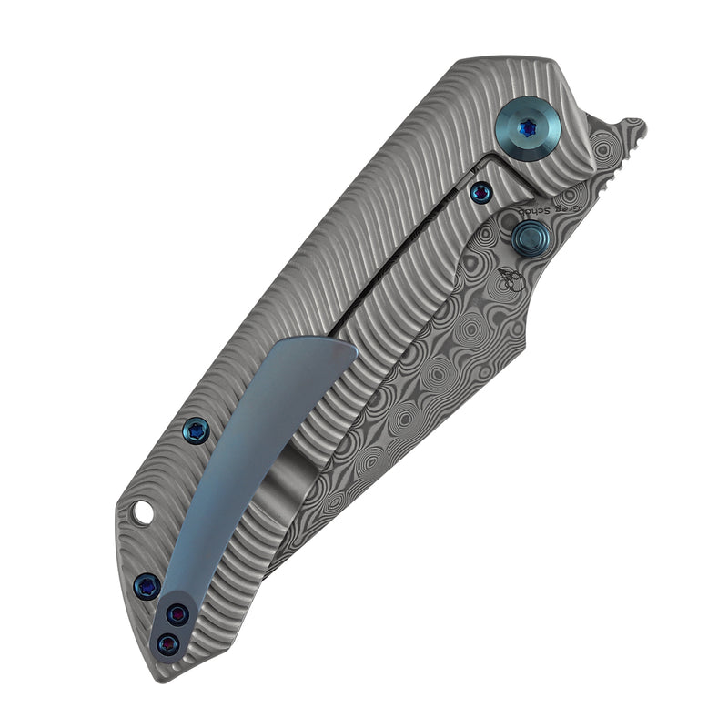Kansept Fenrir  | Frame Lock | Beadblasted Titanium with Micro Milled Water Ripple Texture | 3.48'' Damascus Blade | Sparrow Knife Design | K1034C4