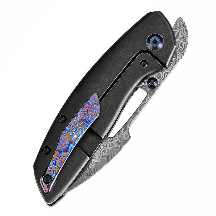 KANSEPT Link Thumb Studs Blackwash Titanium Handle with Timascus Clip (3.0''Damascus Blade )Triple Stripe Knives Design-K1068A4