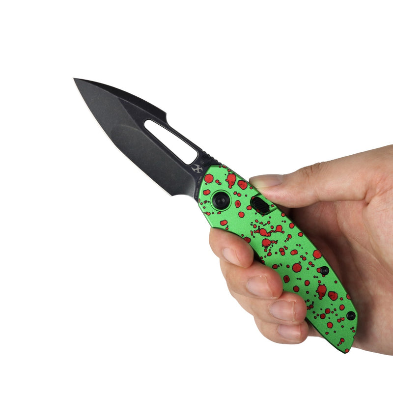 Link | Top Liner Lock | Green Aluminum with Zombie Blood Print | 2.98" 14C28N | Triple Stripe Knives | T1068H3