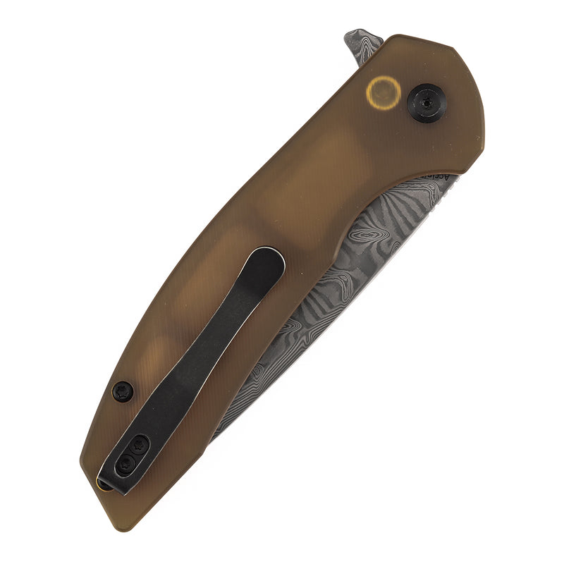 Kansept Accipiter | Button Lock | Amber PEI/Ultem | 3.53"Damascus with Water Ripple Pattern Blade | T1007F1
