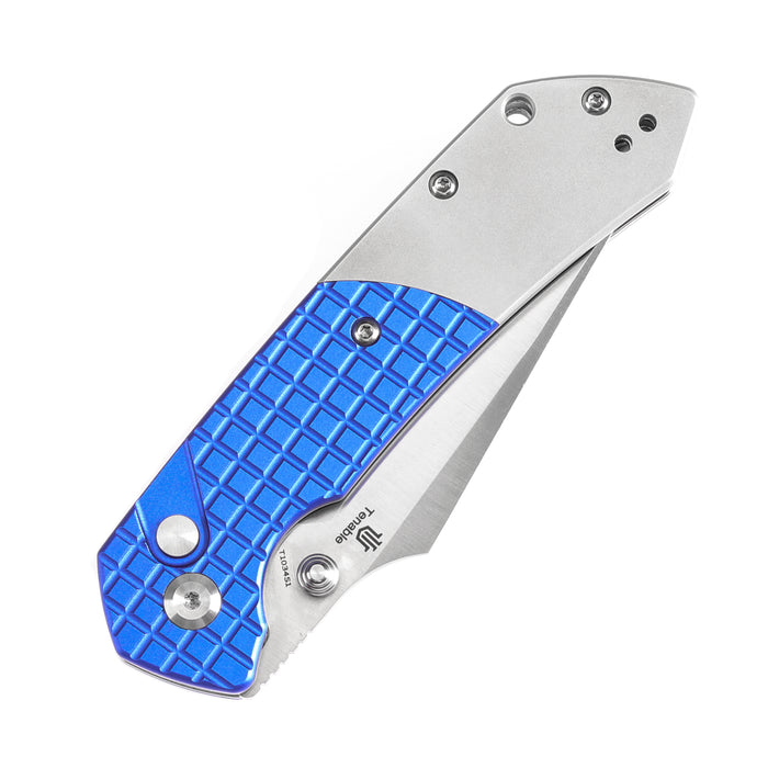 Estimated Released in November
- Fenrir Button Lock Knife Blue Anodized Aluminium+Plain Aluminium Handle (3.44''14C28N Blade) Greg Schob Design - T1034S1