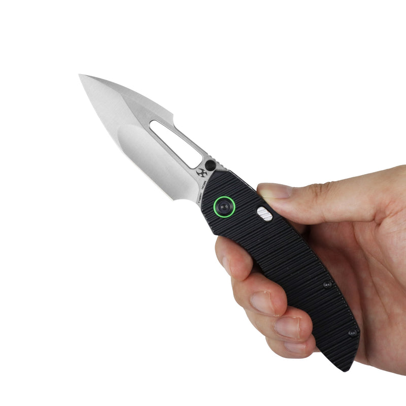 Link | Top Liner Lock | Black Aluminum with Milled Grooves | 2.98" Satin 14C28N | Triple Stripe Knives | T1068H1