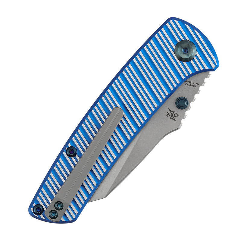 Kansept Main Street | Top Liner Lock | Blue and Plain Aluminum with Stripes | 3.36" Elmax Blade | Pinkerton Knives Design |K1015H3