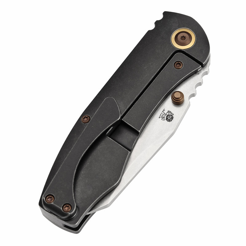 KANSEPT Caveman Thumb Stub Blackwash Titanium with Gecko CamoCarbon Handle (3.57" CPM 20CV Blade) with Jesse Pauley Design-K1110B1