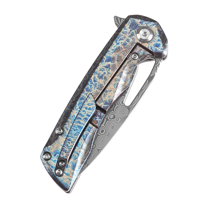KANSEPT Mini Kryo Thumb Hole Titanium with Lightning Strike Finish Handle (2.9" Damascus Blade) Kim Ning Design-K2001S2
