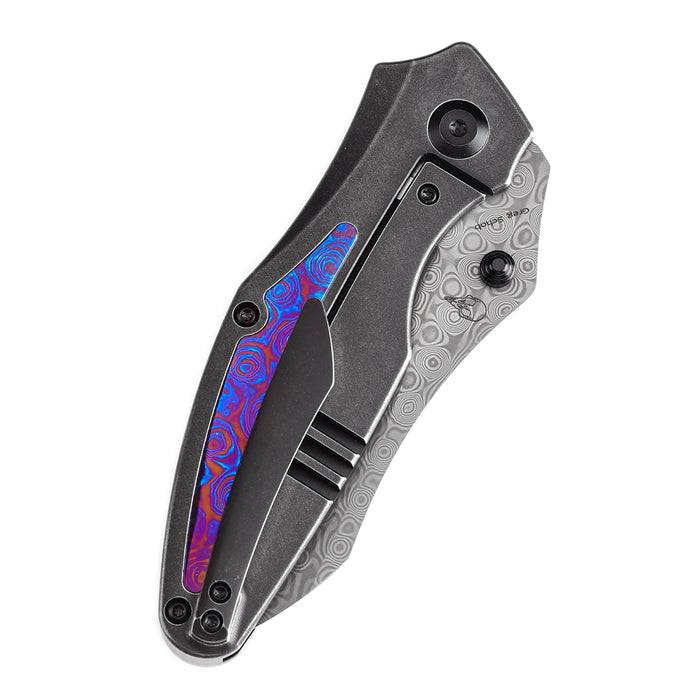 KANSEPT Baba Yaga Thumb Studs Blackwash Titanium with Timascus Inlay Handle (3.06''Damascus Blade ) Sparrow Knife Design -K1074A8