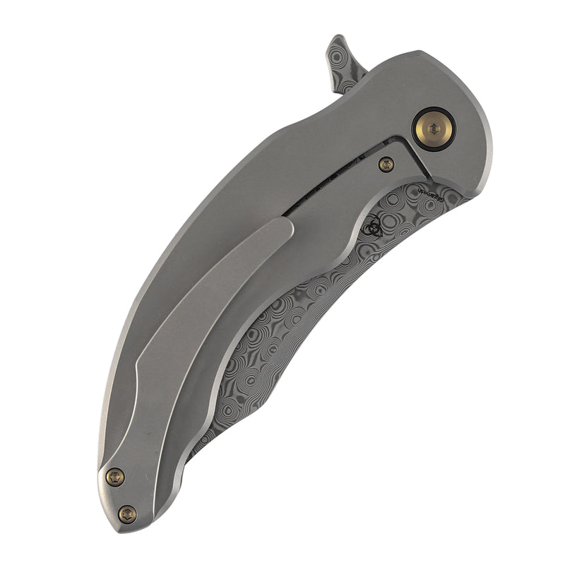 KANSEPT Gilgamesh Flipper Shred Carbon Fiber with Beadblasted Titanium Handle ( 3.75" Damascus Blade) Andreas Goltz Designed- K1128A3