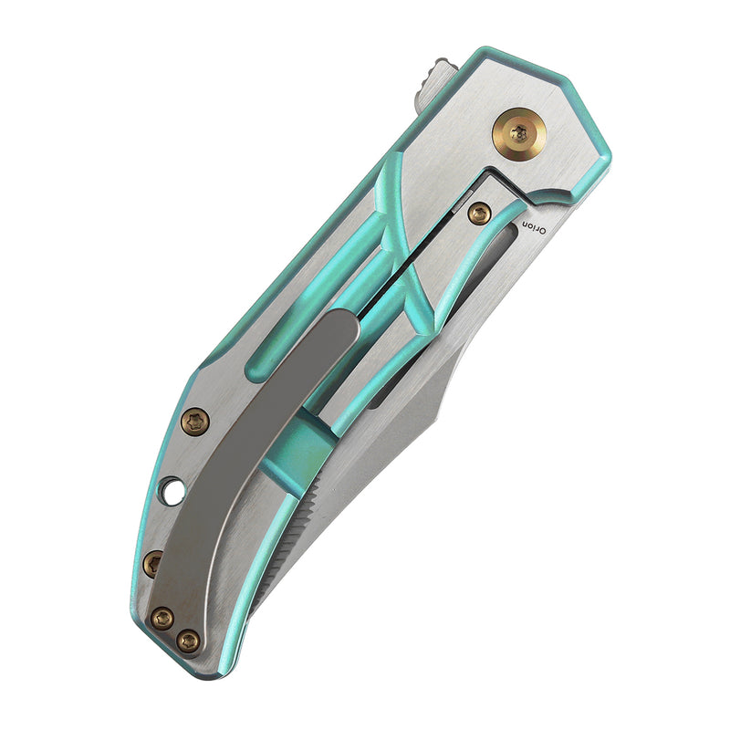 KANSEPT Orion Limited Version Flipper Green Anodized and Machine Satin Titanium Handle (3.07" Machine Satin CPM S35VN with CNC Milling Blade) JB Stout Design-K1089B4