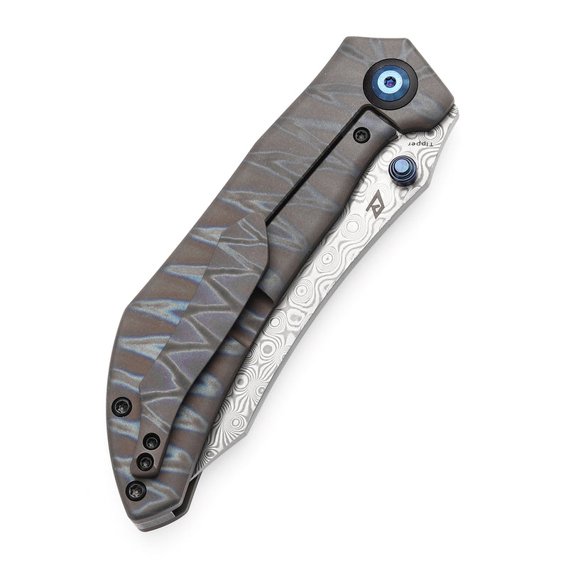 KANSEPT Tipper Thumb Stub Knife Titanium with Tiger Stripe Finish Handle(3.38'' Damascus Blade)Edgy Bladeworks Design-K1079A4