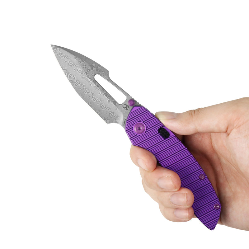 Link | Top Liner Lock | Purple Aluminum with Milled Grooves | 2.98" Damascus | Triple Stripe Knives | T1068H2