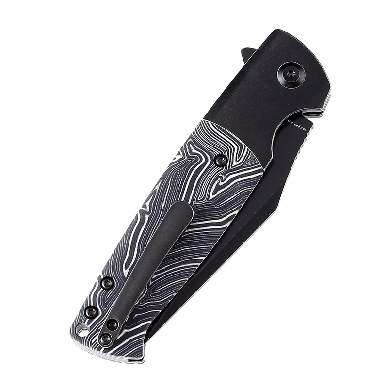 Shikari SBL Button Lock K2027B1 Black Stonewashed CPM S35VN Blade Black Stonewashed Titanium +Black White Gmascus Handle with Morgan Koens Dessign