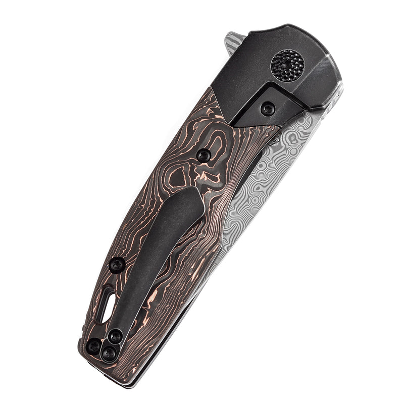 KANSEPT Cassowary Flipper Black Stonewashed Titanium and Copper Carbon Fiber Handle (2.9''Damascus Blade ) Koch Tools Design -K2065B5