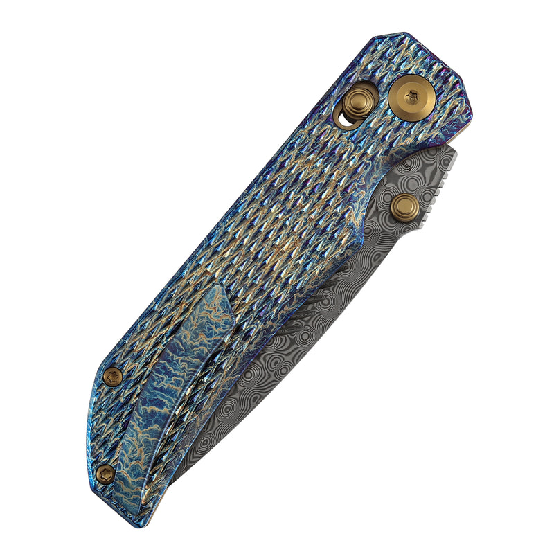 KANSEPT Eaglestrike Crossbar Lock Knife Lightning Strike Finish Titanium with Diamond Pattern Handle(3.73'' Damascus Blade) James Lowe Design-K1095V5